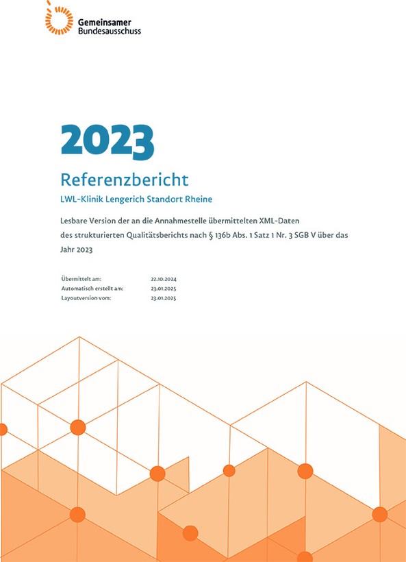 Titelblatt "Strukturierter Qualitätsbericht 2023" der LWL-Klinik Lengerich, Standort Rheine Titelblatt "Strukturierter Qualitätsbericht 2023" der LWL-Klinik Lengerich, Standort Rheine